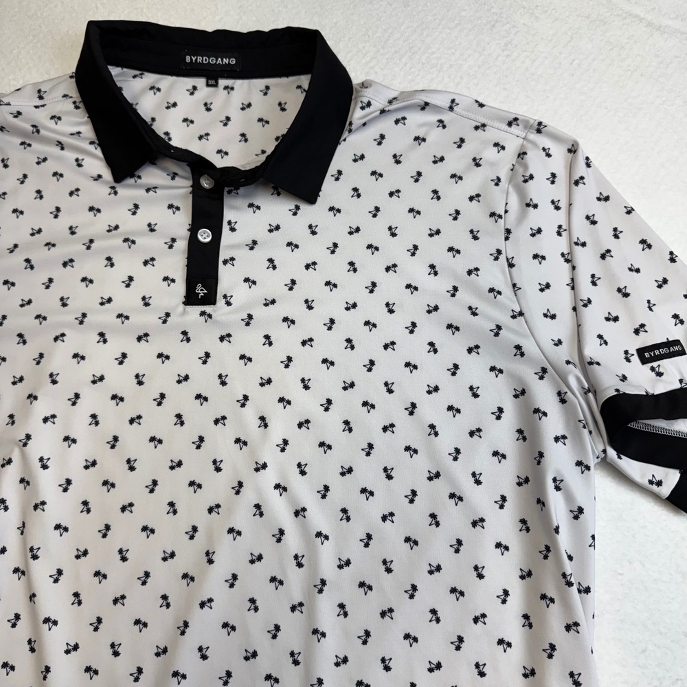 Byrdgang Palm Tree Print Performance Polo Men 3XL White Black Stretch Golf Shirt